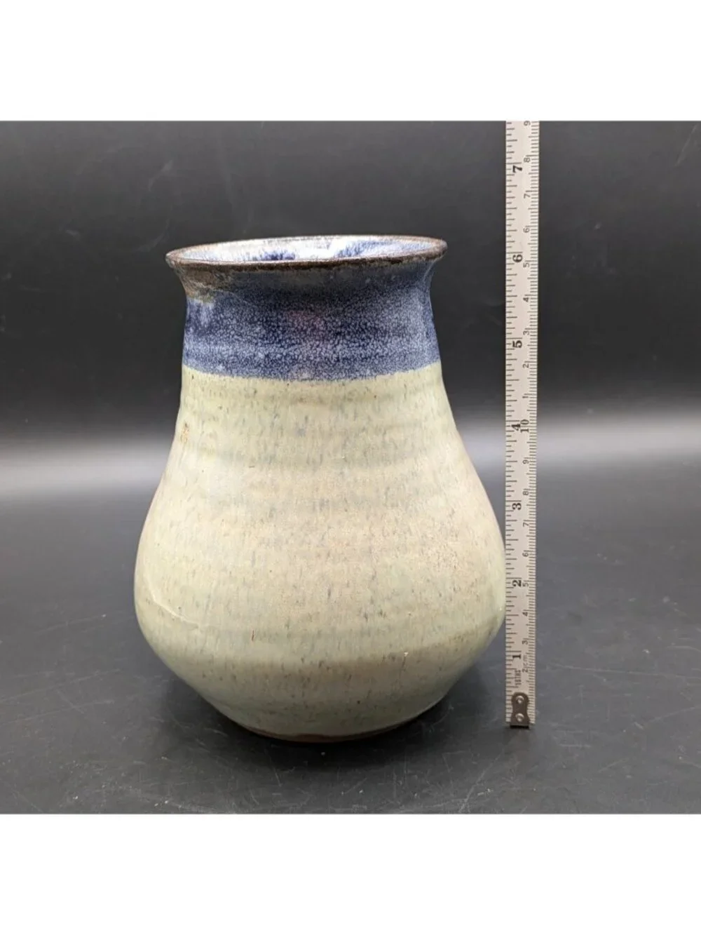Studio Art Pottery Vase Wide Bottom Blue Glaze Stripe Artist Signed 6.25